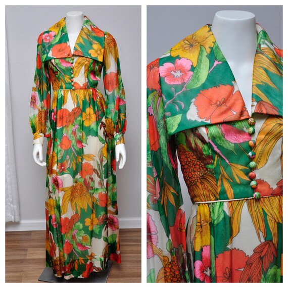1970s floral poppy print maxi XS