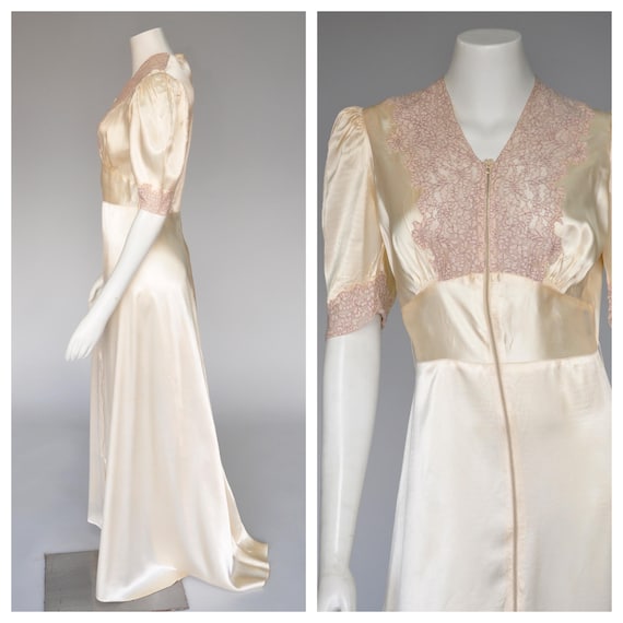 1930s ivory satin dressing gown robe M