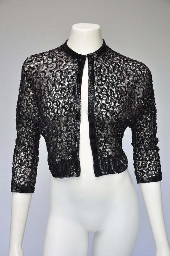 vintage 1950s black lace & sequin shrug top shirt 