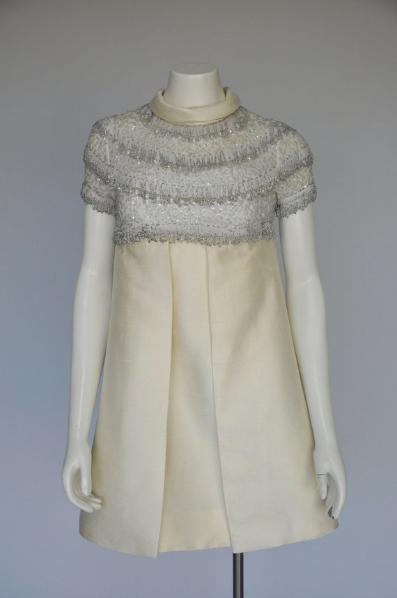 vintage 1960s mod sequin beaded ivory silk party d