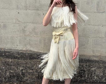 Vestido de novia vintage de los años 50, color marfil, sin mangas, con flecos, talla XS
