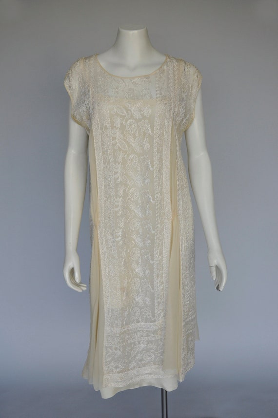 antique 1920s embroidered net ivory silk shift dre