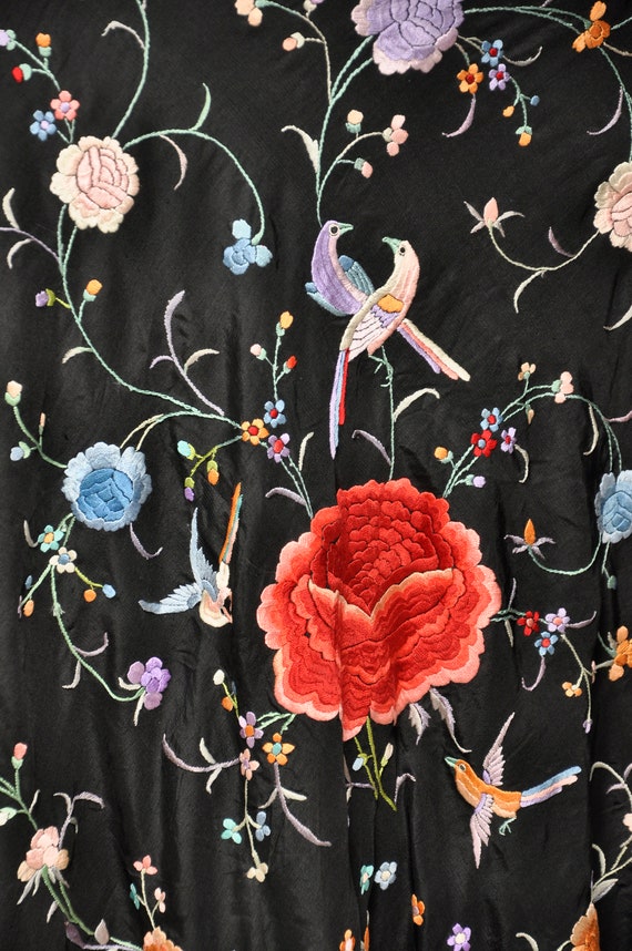 vintage 1920s black silk floral embroidered fring… - image 3