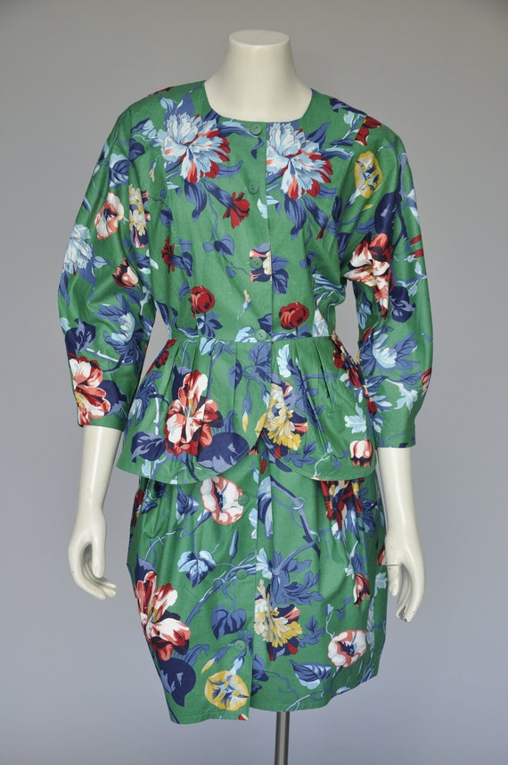 vintage 1980s colorful floral skirt shirt set XS