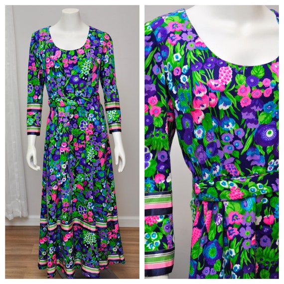 1970s floral maxi dress with contrasting stripes M