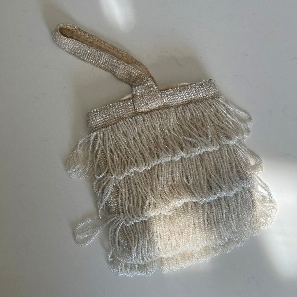 antique vintage 1920s white beaded flapper fringe bag wedding