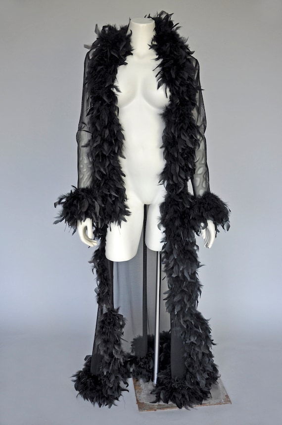 vintage 1980s black sheer feathered robe XS-M