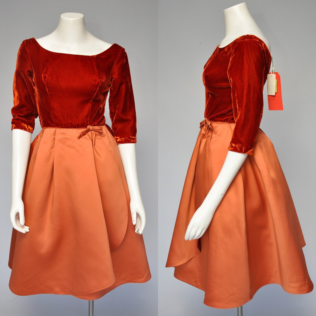 1950s Red & Orange Velvet and Satin Party Dress XS Etsy