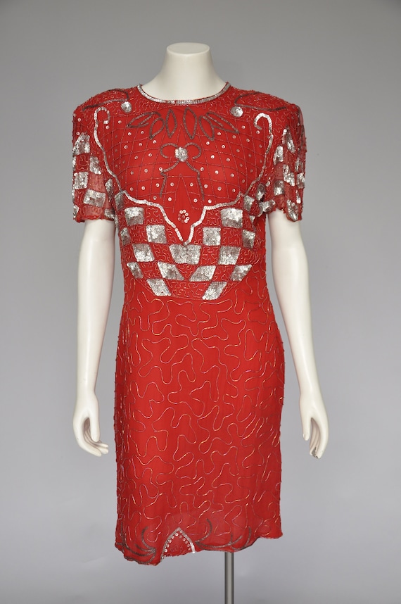 vintage 1980s red and silver beaded & sequin dress