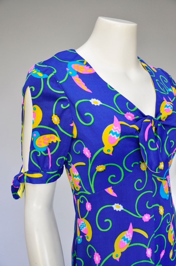 1970s novelty print bird maxi dress S/M
