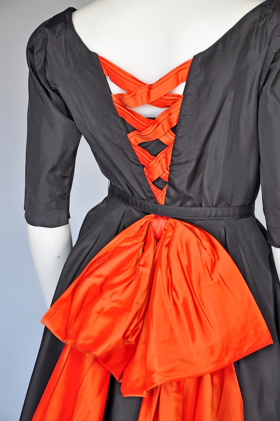 vintage 1950s black and orange taffeta party dress