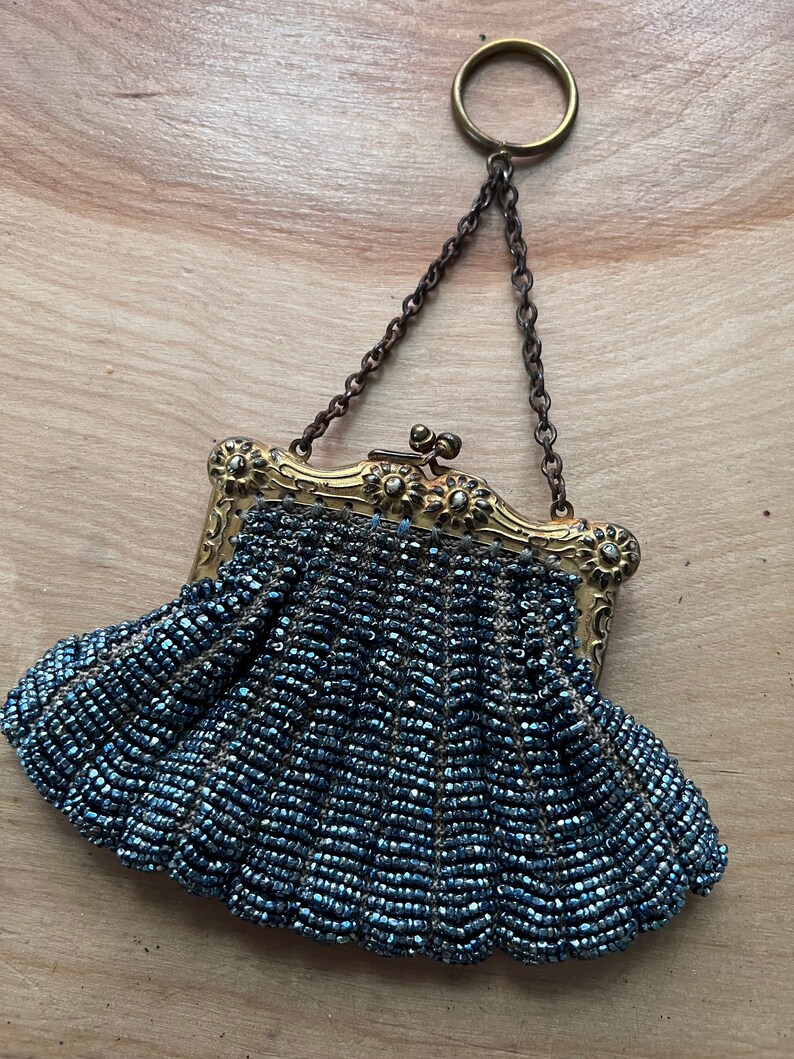 Edwardian 1920s blue glass beaded purse with chatelaine hoop image 1