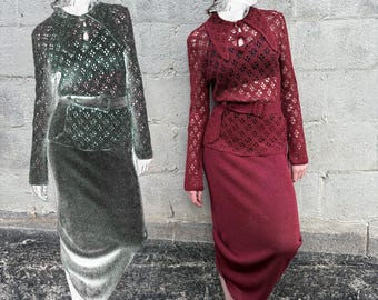 vintage 1930s burgundy knit crochet skirt sweater set w/ belt dagger collar XS/S