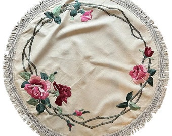 antique 1900s Royal Society silk hand embroidered floral rose linen circular table cloth