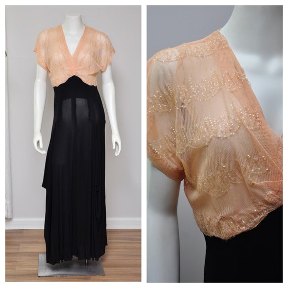 1940s sequin dress | vintage 40s black and peach d