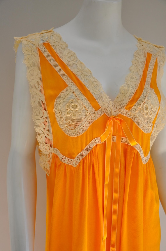 antique Edwardian orange silk nightgown dress w/ lace embroidery S-L