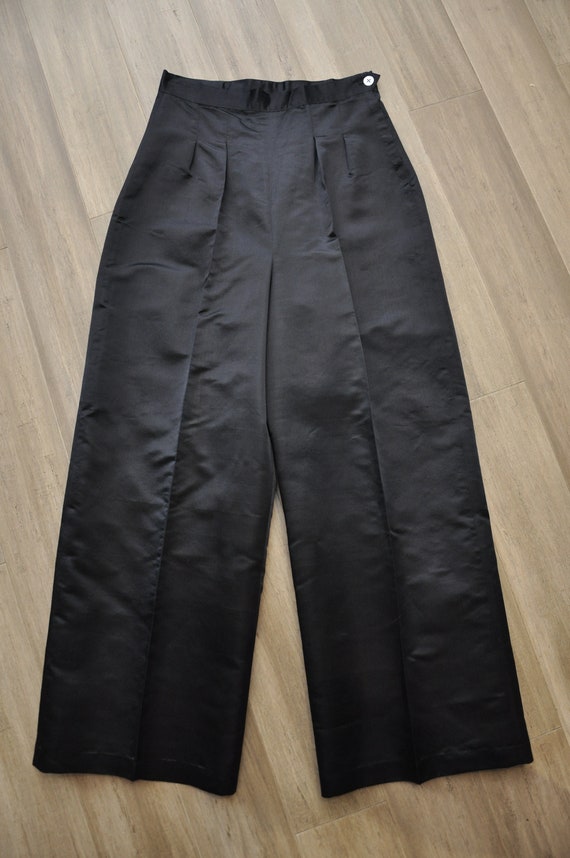 1940s black silk high waisted wide leg pants S