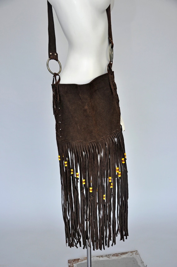 vintage 1960s brown leather fringe crossbody bag w