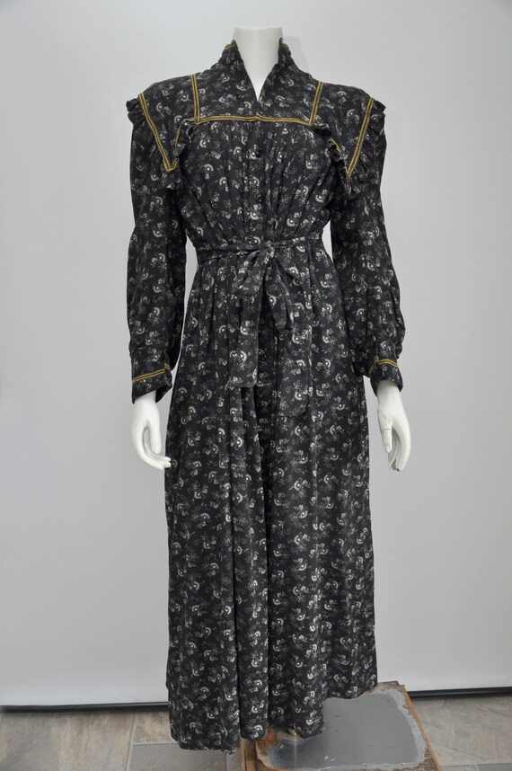 antique Victorian Edwardian black floral calico c… - image 2