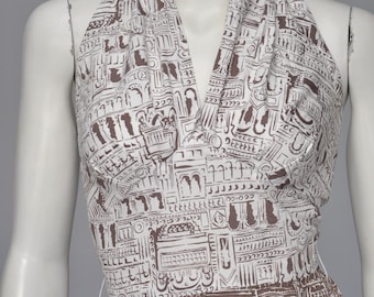 Vestido halter marrón y blanco con estampado de arquitectura antigua de los años 50 con chal, talla XXS