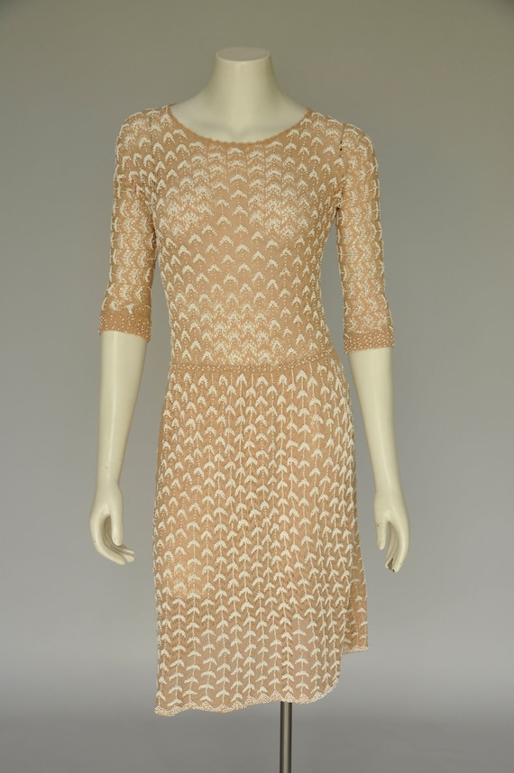 vintage 1960s tan & white hand beaded dress XS-M