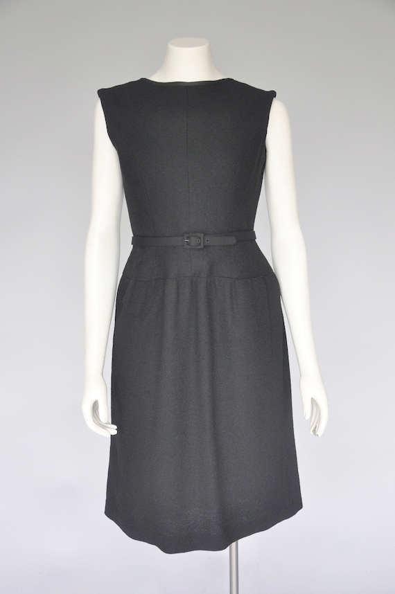 1960s black wool belted dress M