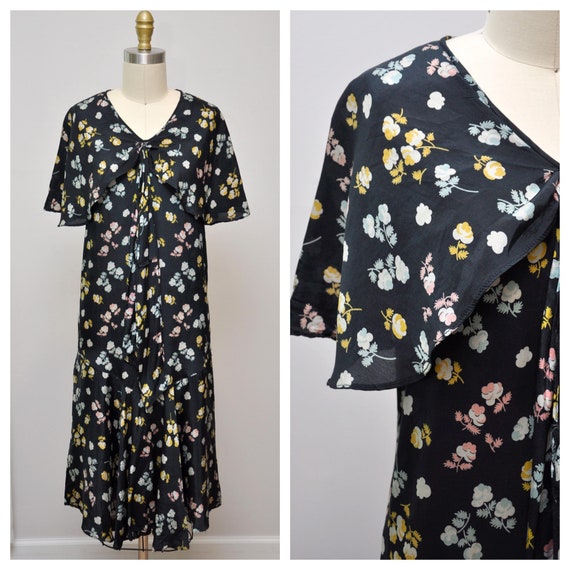 1920s dark floral dress with capelet XXS