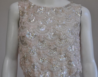 vintage roze mouwloze feestjurk jaren 60 roze witte kralen pailletten XS