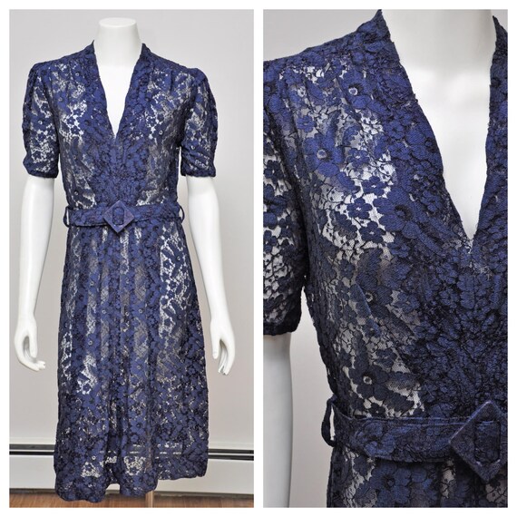 1930s navy blue lace dress with belt M