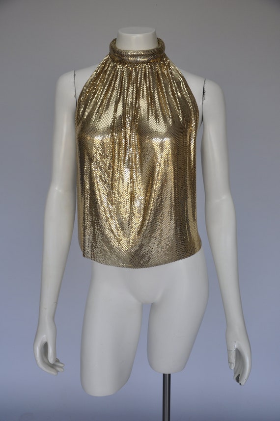 vintage 1970s gold mesh halter top shirt ONE SZ