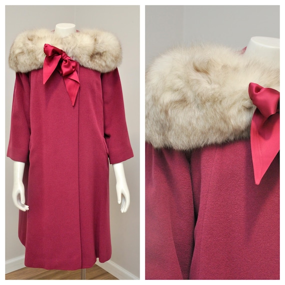 1950s raspberry pink wool swing coat with fox fur