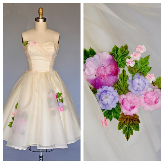 1950s ivory organza sleeveless party dress XS