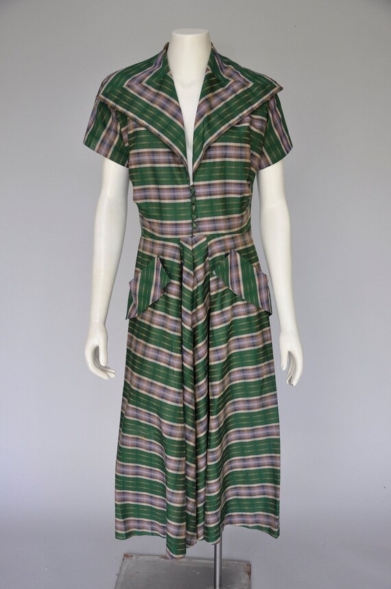 1940s green and purple plaid cotton dress M/L
