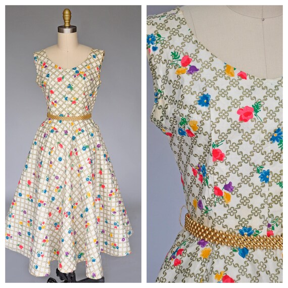1950s floral novelty print dress S