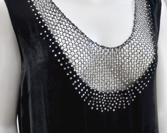 antique 1920s black silk velvet sleeveless dress w/ rhinestones M/L/XL