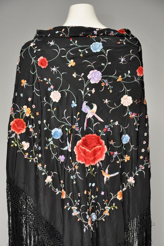 vintage 1920s black silk floral embroidered fring… - image 2