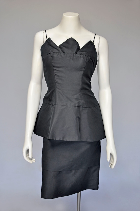 vintage 1950s black cocktail dress with peplum M - image 1