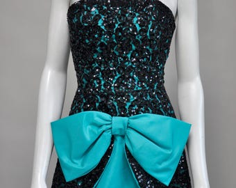vintage 1980s sleeveless teal & black sequin party prom dress w/ bow XS