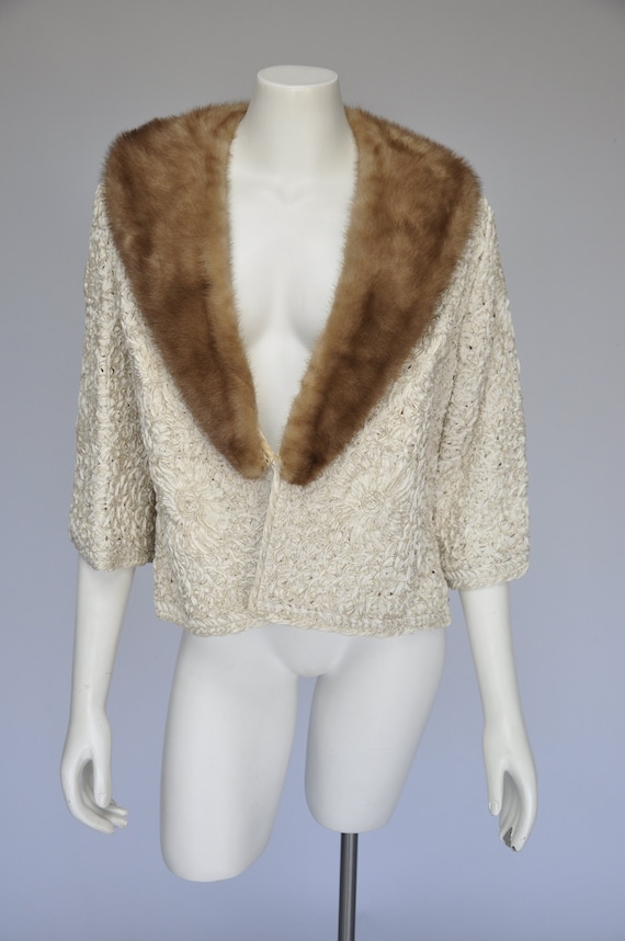 vintage 1950s ribbon jacket sweater with mink coll