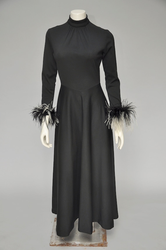 vintage 1970s black witchy maxi dress w/ feathered