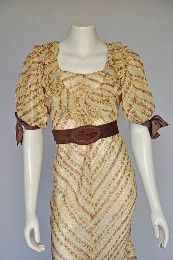 vintage 1930s sheer floral maxi dress w/ puffed sl