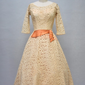 vintage 1950s dark ivory lace party wedding dress w/ satin sash XS