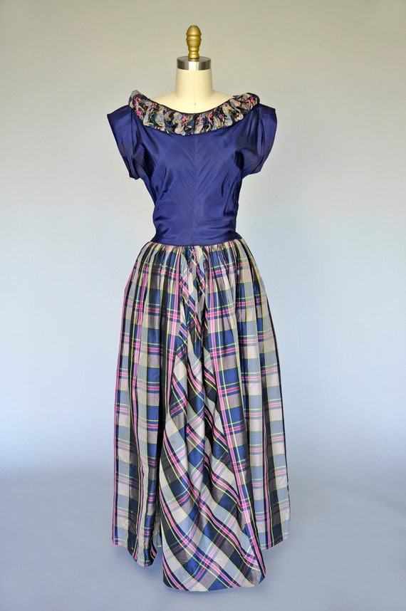 vintage 1940s blue and pink taffeta party dress XS