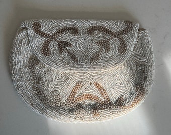 antique vintage 1920s art deco white brown seed bead clutch purse