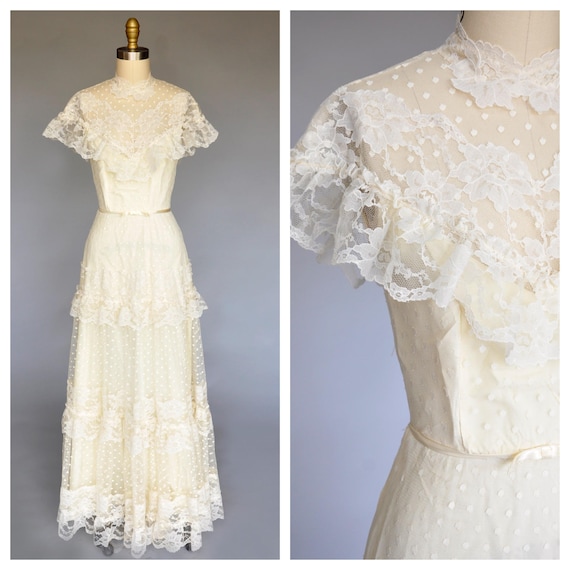 1970s lace swiss dot maxi dress wedding XS