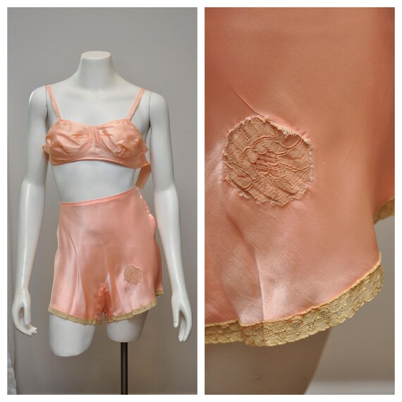 1930s peach silk tap panties with matching bra and