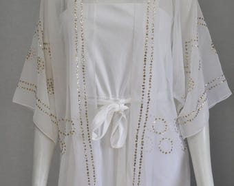 vintage 1970s white maxi dress w/ sheer white & gold jacket cruise vacation party XS-M