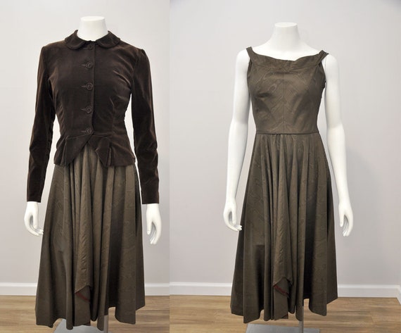 30s 40s dress set | vintage 1940s brown moire dres