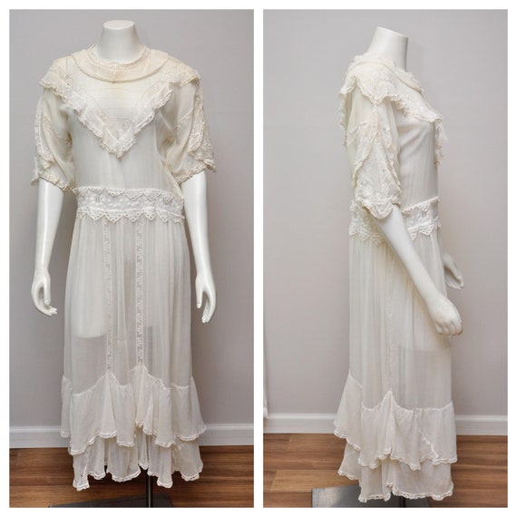 antique Edwardian white cotton lingerie dress L/XL