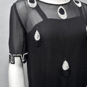 antique VTG 1920s black sheer silk beaded shift style dress w/ belt XS/S